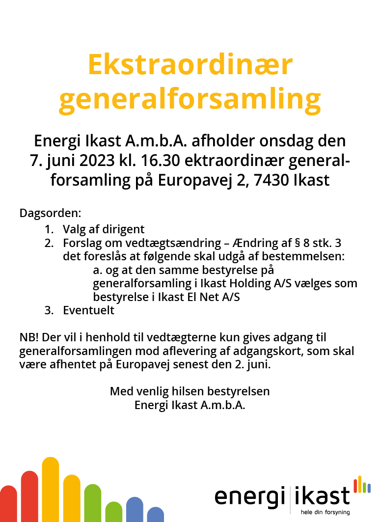 Kvart-sides annonce - indkaldelse til Energi Ikast amba ektraordinær generalforsamling 2023